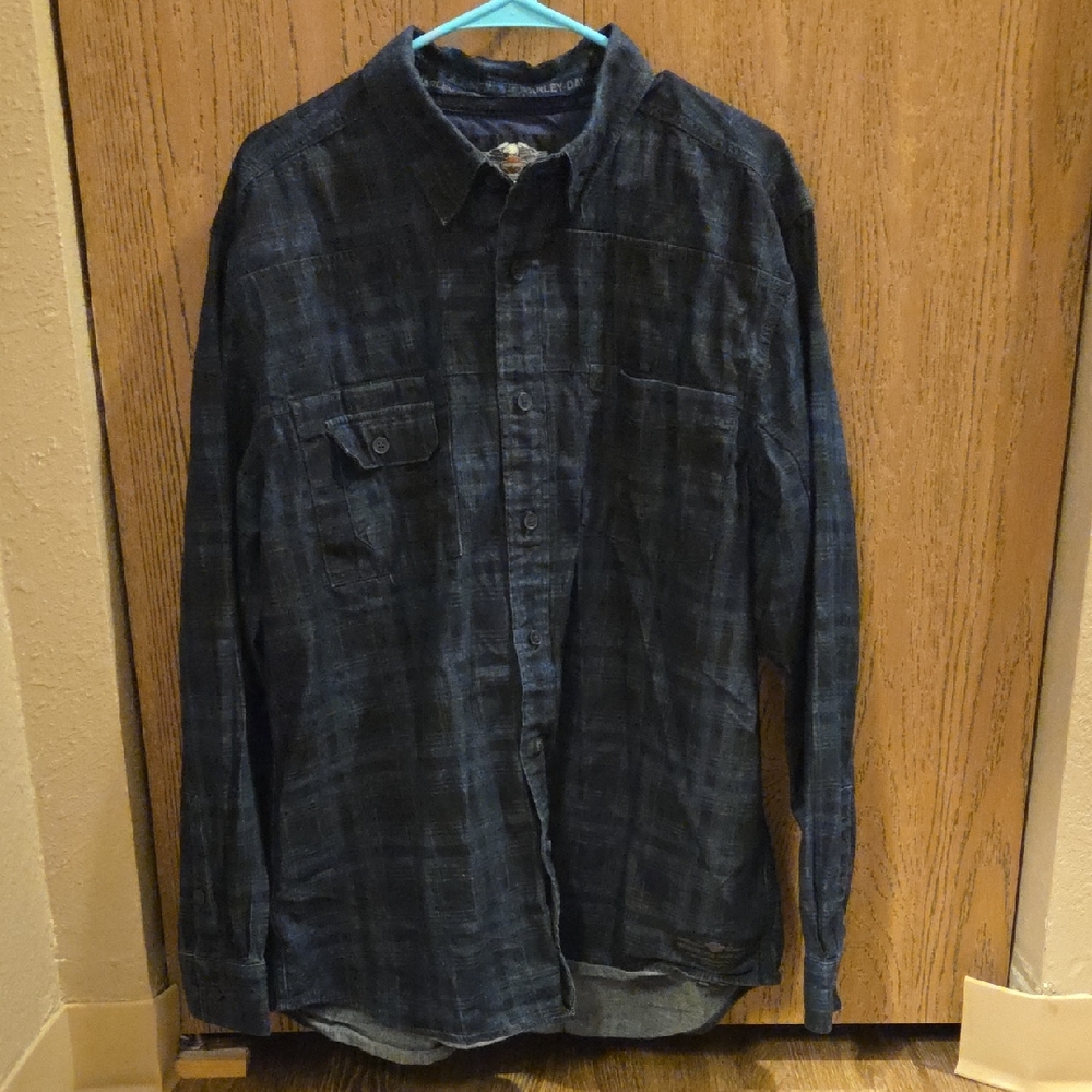 Men's Harley-Davidson Navy and Black Plaid Long-Sleeve Button-Down Shirt